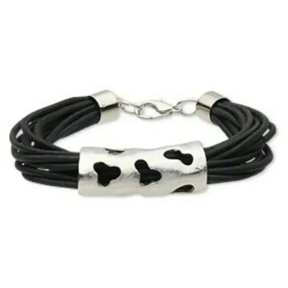 Modern Art Designer Statement Bracelet Silver Cutout Pendant on Black Cotton